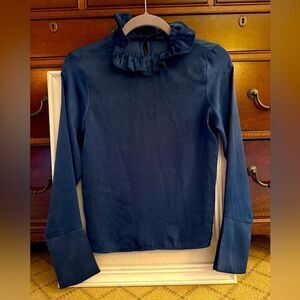 Zara dark blue silk long sleeved shirt with high ruffled collar S
